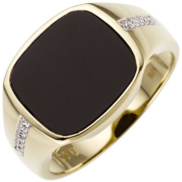 Ring 585 Gelbgold 12 Brillanten und Onyx schwarz flach