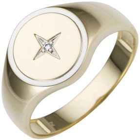 Herren Ring aus 585 Gold Gelbgold bicolor mit Diamant Brillant flach rund