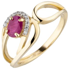 Ring aus 333 Gold Gelbgold mit Rubin rot & 11 Zirkonia Fingerring Damen