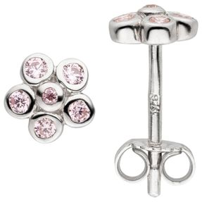 Ohrstecker Blume Blumen aus 925 Silber mit 12 Zirkonia rosa Ohrringe Ohrschmuck