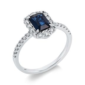 Ring aus 750 Weißgold Saphir 0,97ct blau 28 Diamanten 0,53ct TW-SI B:11,2mm