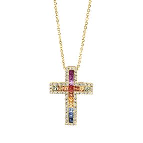 Collier Kreuz 750 Gelbgold 16 Saphire 0,99ct mehrfarbig 72 Brillanten 0,21ct TW-SI