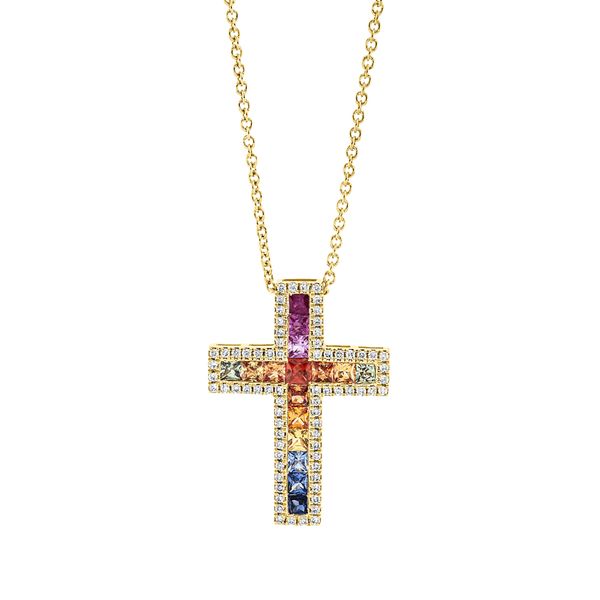 Collier Kreuz aus 750 Gelbgold 16 Saphire 72 Brillanten 0.21ct