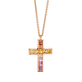 Collier Kreuz aus 750 Gold Rotgold 11 Saphire 0,51ct mehrfarbig L:46cm Collier Kreuz aus 750 Gold Rotgold 11 Saphire 0,51ct mehrfarbig L:46cm