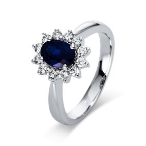 Ring aus 750 Weißgold Saphir 0,93ct blau 12 Brillanten 0,3ct TW-VSI B:11,8mm