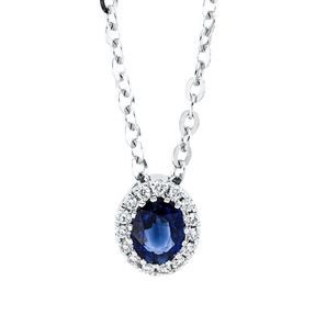 Collier aus 750 Weißgold Saphir 0,22ct blau 15 Brillanten 0,04ct TW-SI L:42cm