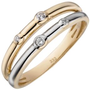 Ring 2-reihig aus 333 Gold Gelbgold bicolor mit 4 Zirkonia Fingerring Damen