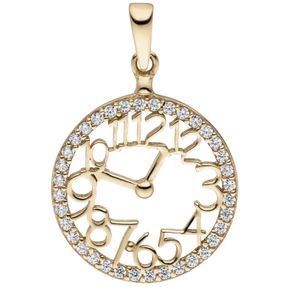 Anhänger Uhr mit Pfeilen und Ziffer 333 Gold Gelbgold 36 Zirkonia rundum Ø16,3mm