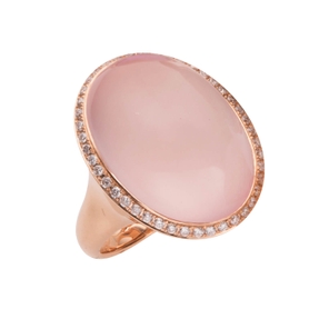 Ring aus 750 Rotgold Rosenquarz 19,11ct rosa 44 Brillanten 0,35ct TW-VSI B:17,5mm
