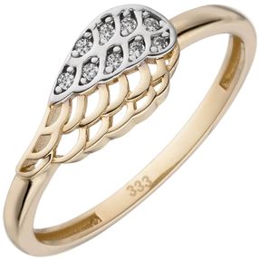 Ring Flügel aus 333 Gold Gelbgold bicolor mit 9 Zirkonia Fingerring Damen