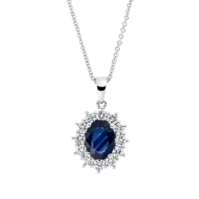 Collier aus 750 Weißgold Saphir 1,5ct blau 12 Brillanten 0,55ct TW-SI L:45cm