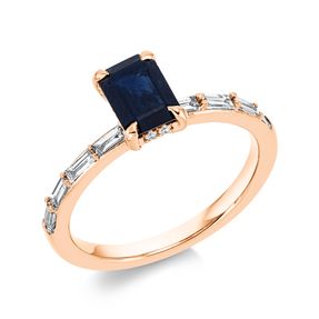 Ring aus 750 Rotgold Saphir 1,1ct blau 20 Diamanten 0,4ct TW-SI B:7,7mm 4er-Krappe