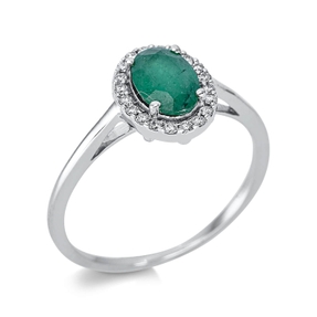 Ring aus 750 Weißgold Smaragd 0,74ct grün 20 Brillanten 0,1ct TW-SI B:9,5mm Ring aus 750 Weißgold Smaragd 0,74ct grün 20 Brillanten 0,1ct TW-SI B:9,5mm