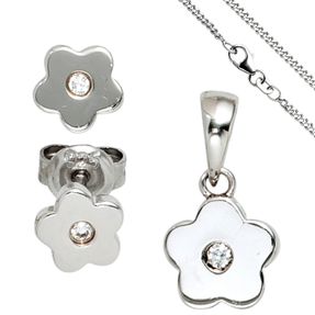 Kinder Schmuck-Set Blume 925 Silber mit Zirkonia Anhänger Ohrringe Kette 42cm