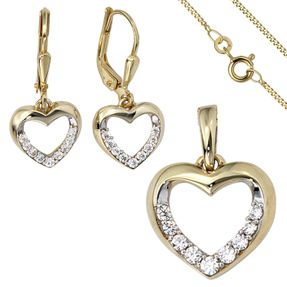 Schmuck-Set Herz aus 333 Gold Gelbgold Zirkonia Ohrringe Anhänger und Kette 45cm