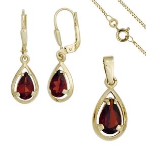 Schmuck-Set aus 333 Gold Gelbgold 3 Granate rot Ohrringe und Kette 45cm