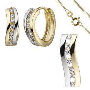 Schmuck-Set aus 333 Gold Gelbgold bicolor Zirkonia Creolen Anhänger Kette 42cm