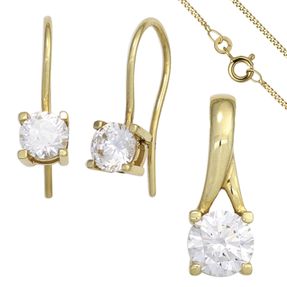 Solitär Schmuck-Set 333 Gold Gelbgold 3 Zirkonia Ohrringe Anhänger Kette 45cm