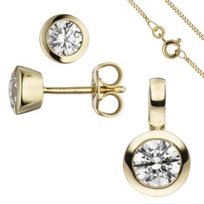 Solitär Schmuck-Set 333 Gold Gelbgold 3 Zirkonia Ohrhänger Anhänger Kette 42cm