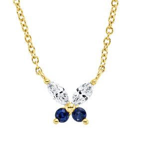 Collier 750 Gelbgold 2 Saphire 0,06ct blau 2 Diamanten Navette-Schliff 0,1ct TW-SI