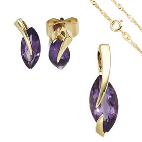 Schmuck-Set 585 Gelbgold 3 Amethyste lila violett Ohrringe Anhänger Kette 42cm