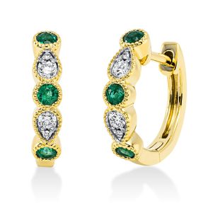 Creolen 750 Gelbgold 6 Smaragde 0,19ct grün 8 Diamanten 0,11ct TW-SI 13,8x2,8mm