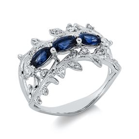 Ring aus 750 Weißgold 3 Saphire 0,91ct blau 24 Diamanten 0,31ct TW-SI H:13,2mm