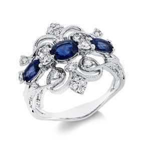 Ring aus 750 Weißgold 3 Saphire 1ct blau 32 Diamanten 0,43ct TW-SI H:17,6mm