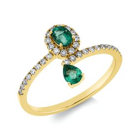 Ring aus 750 Gelbgold 2 Smaragde 0,38ct grün 32 Brillanten 0,23ct TW-PI B:11,9mm
