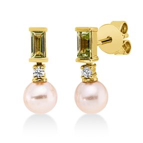 Ohrstecker aus 750 Gelbgold 2 Süßwasser-Perlen 5mm weiß 2 Peridote 0,24ct grün