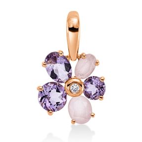 Anhänger Blume aus 750 Rotgold 5 Rosenquarze 1,8ct rosé Brillant 0,03ct TW-SI