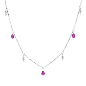 Collier 750 Weißgold 5 Rubine 0,9ct rot 4 Diamanten Navette-Schliff 0,26ct TW-SI Collier 750 Weißgold 5 Rubine 0,9ct rot 4 Diamanten Navette-Schliff 0,26ct TW-SI