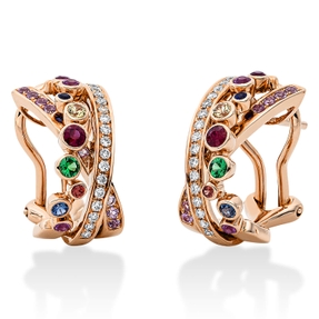 Creolen aus 750 Rotgold 36 Saphire 0,67ct mehrfarbig 32 Brillanten 0,17ct TW-SI Creolen aus 750 Rotgold 36 Saphire 0,67ct mehrfarbig 32 Brillanten 0,17ct TW-SI