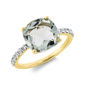 Ring aus 750 Gelbgold Amethyst 3,94ct grün 12 Brillanten 0,25ct TW-SI B:10,1mm