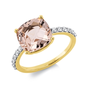 Ring aus 750 Gelbgold Morganit 3,86ct rot 12 Brillanten 0,25ct TW-SI B:10mm