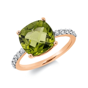 Ring aus 750 Rotgold Peridot 4,26ct grün 12 Brillanten 0,25ct TW-SI H:10mm