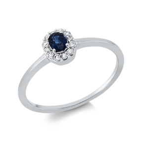 Ring aus 750 Weißgold Saphir 0,19ct blau 12 Brillanten 0,08ct TW-SI B:5,5mm