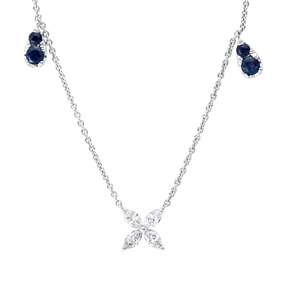 Collier aus 750 Gold Weißgold 4 Saphire 0,38ct blau mit Diamanten L:45cm