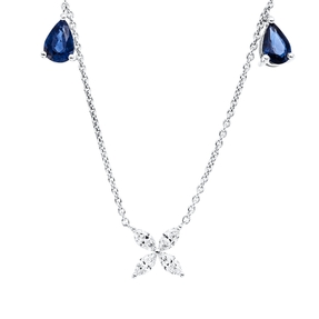 Collier aus 750 Gold Weißgold 2 Saphire 0,86ct blau mit Diamanten L:45cm