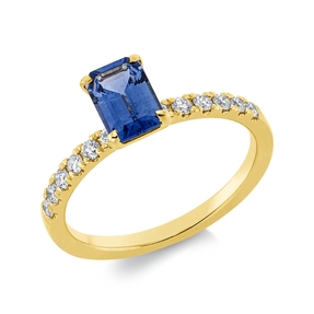 Ring aus 750 Gelbgold Saphir 1,1ct blau 12 Brillanten 0,25ct TW-SI B:5,4mm