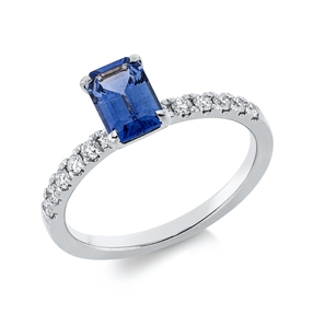 Ring aus 750 Weißgold Saphir 1,01ct blau 12 Brillanten 0,25ct TW-SI B:5,4mm