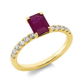 Ring aus 750 Gelbgold Rubin 1,24ct rot 12 Brillanten 0,25ct TW-SI B:7,1mm