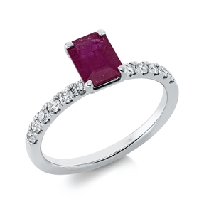 Ring aus 750 Weißgold Rubin 1,11ct rot 12 Brillanten 0,25ct TW-SI B:7,1mm