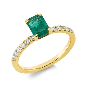 Ring aus 750 Gelbgold Smaragd 1,06ct grün 12 Brillanten 0,25ct TW-SI B:7mm Ring aus 750 Gelbgold Smaragd 1,06ct grün 12 Brillanten 0,25ct TW-SI B:7mm