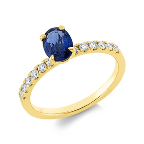 Ring aus 750 Gelbgold Saphir 1ct blau 12 Brillanten 0,25ct TW-SI H:5,1mm 4er-Krappe