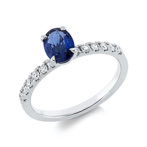 Ring aus 750 Weißgold Saphir 0,95ct blau 12 Brillanten 0,25ct TW-SI H:5,1mm