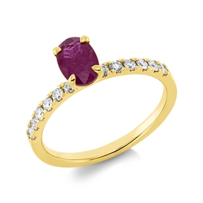 Ring aus 750 Gelbgold Rubin 0,84ct rot 12 Brillanten 0,25ct TW-SI B:4,9mm