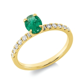 Ring aus 750 Gelbgold Smaragd 0,68ct grün 12 Brillanten 0,25ct TW-SI B:6,9mm Ring aus 750 Gelbgold Smaragd 0,68ct grün 12 Brillanten 0,25ct TW-SI B:6,9mm