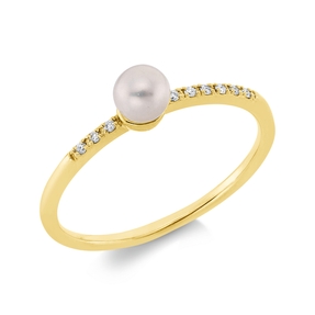 Ring aus 750 Gelbgold Süßwasser-Perle 4,3mm weiß 9 Brillanten 0,03ct TW-VSI/SI Ring aus 750 Gelbgold Süßwasser-Perle 4,3mm weiß 9 Brillanten 0,03ct TW-VSI/SI