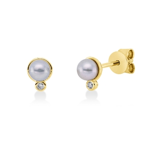 Ohrstecker 750 Gelbgold 2 Süßwasser-Perlen 4,1mm weiß 2 Brillanten 0,02ct TW-SI